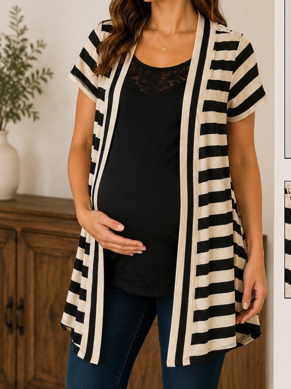 Robins nest Striped Short-Sleeve Open Cardigan - Black & Cream MATERNITY LARGE